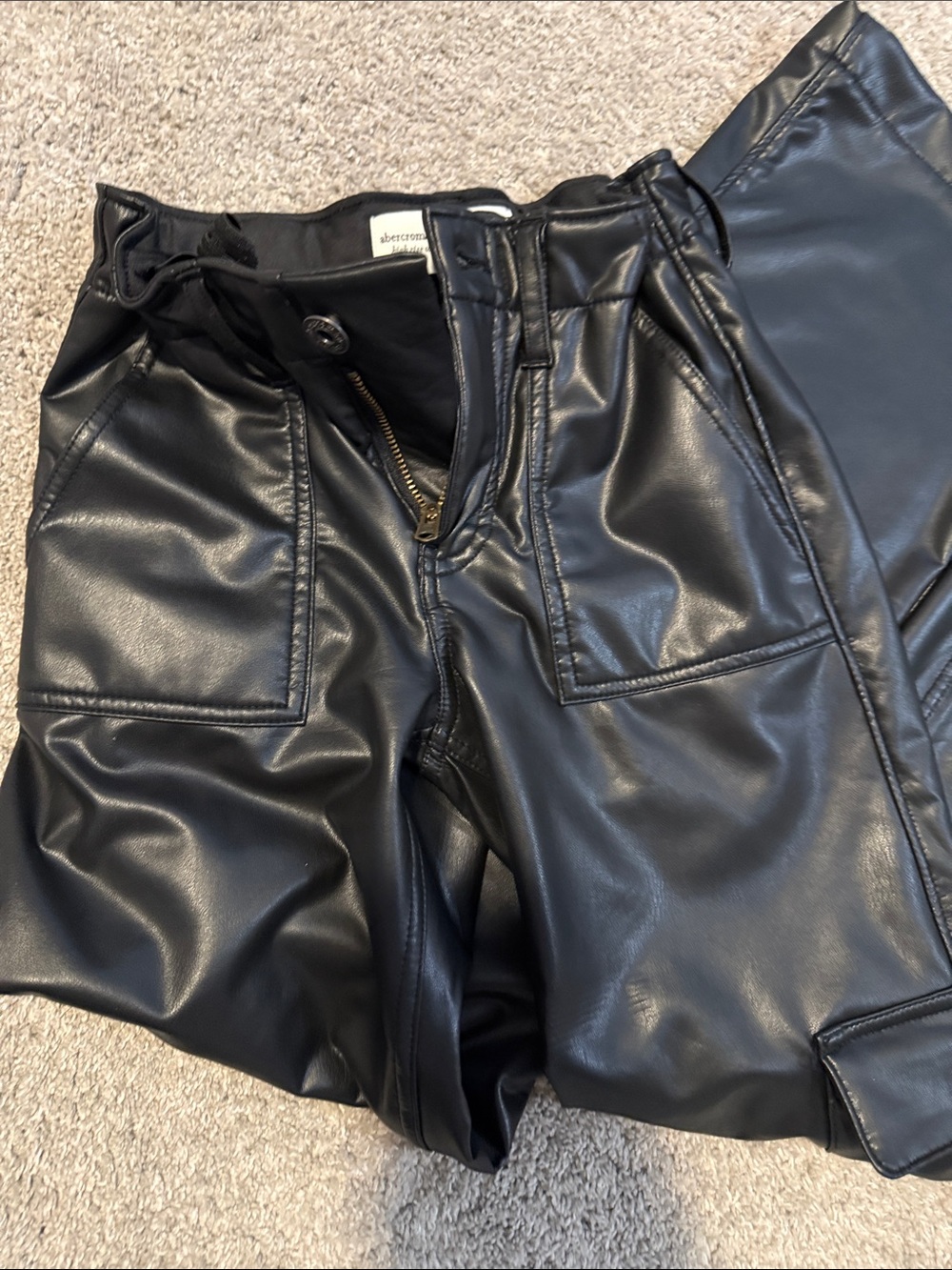 abercrombie kids Black Faux Leather Joggers with Patch Pockets